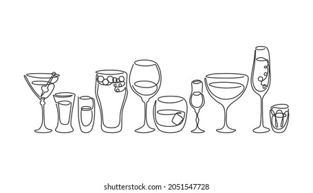 Una línea dibujando martini ron licor de vino champán tequila cerveza whiskey vermouth vodka vaso sobre fondo blanco. Los objetos blancos y negros se encuentran alineados. La mano trazó una línea continua. Vector.