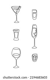 One Line Drawing Martini Rum Tequila Champagne Wine Vodka Glass On White Background. Freehand Black White Cartoon Graphic Sketch. Hand Drawn Continuous Line Way. Vector.
