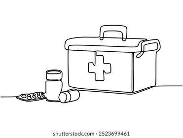 Dibujo de una línea de una caja de medicamentos. Subrayando la importancia de la salud y el tratamiento. Ilustración vectorial.