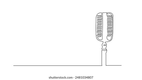 Einzeilige Zeichnung des Mikrofons. Kontinuierliche Linienzeichnung Weltfunktag Konzept. Klassische Mike im schlichten Linearstil für Banner von Musik, Webinar. Editierbarer Strich.