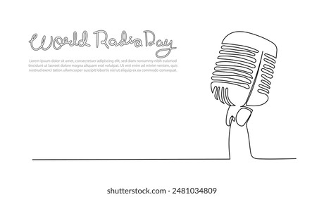 One line drawing of microphone .Continuous line draw World radio day concept. Vintage mike in simple linear style for banner of music, webinar. editable stroke.