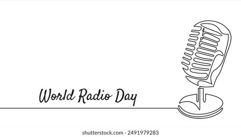 One line drawing of microphone .Continuous line draw World radio day concept. Vintage mike in simple linear style for banner of music, webinar. editable stroke.
