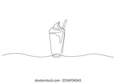 One line drawing milkshake. Continuous line sketch of sweet smoothie drink with straw and whipped cream. Vector coffee or milk cocktail.