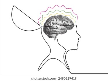 One line drawing of mind. Human brain single line art.Trendy halftone collage