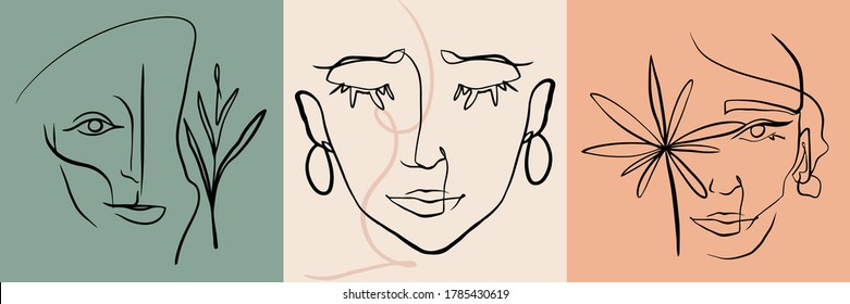 Colección de retratos hembra de un dibujo de línea de estilo mínimo. Puede usar la impresión de camisetas, el concepto de belleza y moda, bodas, afiches, decoración.