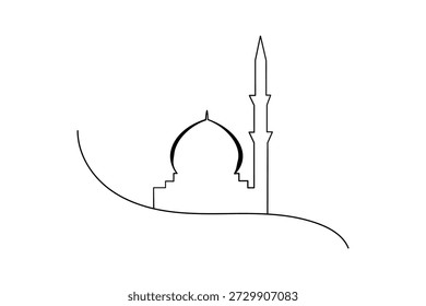 Dibujo de una línea de una silueta de mezquita minimalista para la celebración del ramadán kareem