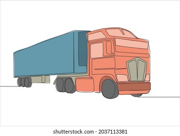 One line drawing of modern big trailer truck with container. Courier cargo delivering vehicle transportation concept. Single continuous line draw design