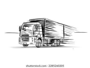One line drawing of modern big trailer truck with container. Courier cargo delivering vehicle transportation concept. 