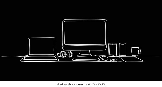 Einzeilige Darstellung moderner digitaler Arbeitsplatzgeräte am Schreibtisch