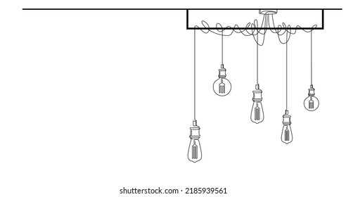 One line drawing of modern loft chandelier with pendant lamps with Edison bulbs. Continuous line illustration of lightbulbs in lineart  style. Horizontal vector Minimalist design background