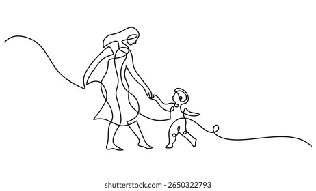Um desenho de uma mãe e uma criança. Arte em linha única contínua de uma mãe feliz e uma criança. Ilustração do conceito da atividade da família do lazer no fundo branco.