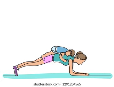 one line drawing of mom doing pushups with her baby on her back