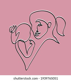 One line drawing of mom embracing new born kid.
One continuous line drawing of parent and child love concept.