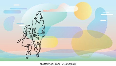 one line drawing of mother and daughter walking together
