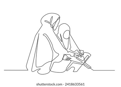 one line drawing of mother and daughter reading the Koran.single line vector of woman reciting the Koran
