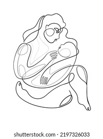 One Line Drawing Mother Holding Her Newborn Baby. Minimalist Art, Continuous Line Woman With Child. Vector Illustration