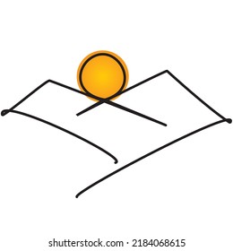 One line drawing of mountains and sun. Abstract mountain range landscape background. Modern one line nature illustration. Vector sunset wallpaper for travel poster, icon, logo, tourism card. 