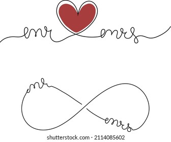 One line drawing of Mr and Mrs word with infinity symbol and heart. Minimal vector illustration.