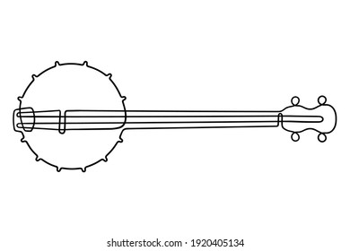 One line drawing. Musical acoustic instrument banjo with strings.