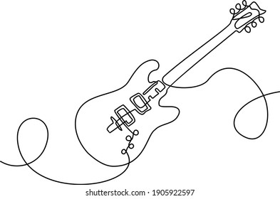 One line drawing of a musical stringed electric guitar instrument isolated on white background. Continuous one line drawing of a guitar. Musical instrument. Music concept. Vector illustration