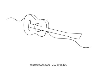 One line drawing of a musical stringed guitar instrument isolated on white background, Vector guitar continuous One line sketch drawing concept of music illustration and minimalistic.