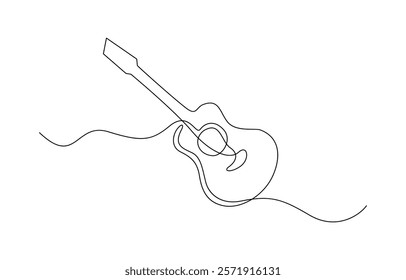 One line drawing of a musical stringed guitar instrument isolated on white background, Vector guitar continuous One line sketch drawing concept of music illustration and minimalistic.