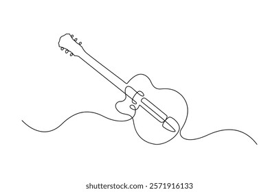 One line drawing of a musical stringed guitar instrument isolated on white background, Vector guitar continuous One line sketch drawing concept of music illustration and minimalistic.