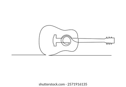 One line drawing of a musical stringed guitar instrument isolated on white background, Vector guitar continuous One line sketch drawing concept of music illustration and minimalistic.