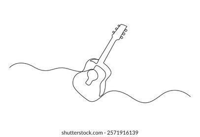 One line drawing of a musical stringed guitar instrument isolated on white background, Vector guitar continuous One line sketch drawing concept of music illustration and minimalistic.