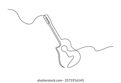 One line drawing of a musical stringed guitar instrument isolated on white background, Vector guitar continuous One line sketch drawing concept of music illustration and minimalistic.