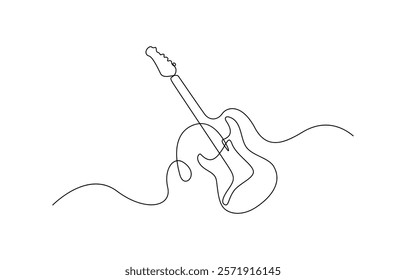 One line drawing of a musical stringed guitar instrument isolated on white background, Vector guitar continuous One line sketch drawing concept of music illustration and minimalistic.