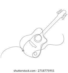 One line drawing of a musical stringed guitar instrument isolated on white background Vector guitar continuous One line sketch drawing concept of music illustration and minimalistic