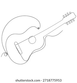 One line drawing of a musical stringed guitar instrument isolated on white background Vector guitar continuous One line sketch drawing concept of music illustration and minimalistic