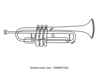 One line drawing. Musical wind instrument trumpet.