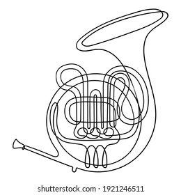 One line drawing. Musical wind instrument French horn.