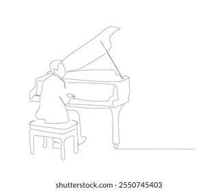 Una línea dibujando músico tocando el Vector de piano. Músico conceptual realiza concierto, compositor compone música. Jazz, clásico con una inscripción, letras, escrito a mano. 
 Vector hecho a mano, no IA.