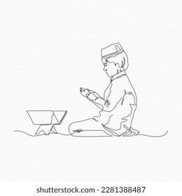 one line drawing of a muslim boy sitting for salat prayer and holy Quran infront of him
