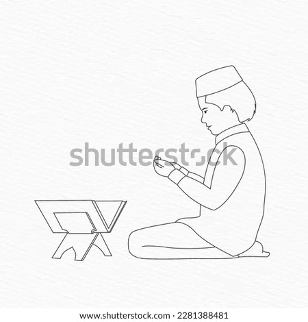 one line drawing of a muslim boy sitting for salat prayer and holy Quran infront of him
