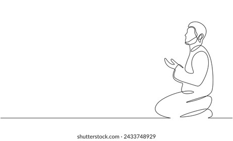 One line drawing of muslim man praying for ramadan concept