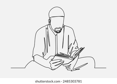 One line drawing of muslim man reading quran. Editable stroke. Vector illustration.