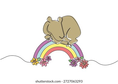 Una línea que dibuja el concepto de la naturaleza para el tema lindo del animal del desierto, que representa un camello marrón adorable que miente en un arco iris con flores, encantador para las impresiones del vivero y la celebración del Día Mundial del Camello.