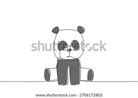 One line drawing nature concept of a baby panda with black big round eyes and ears sitting sweetly. Panda cub features chunky limbs and big eyes, ideal for nursery, wildlife, or Asian animal themes