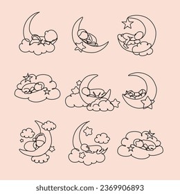 One line drawing. A newborn baby lies on the moon.