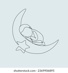 One line drawing. A newborn baby lies on the moon.