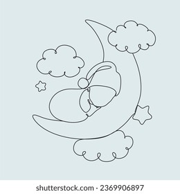 One line drawing. A newborn baby lies on the moon.