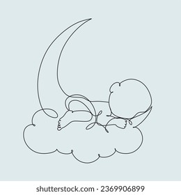 One line drawing. A newborn baby lies on the moon.