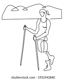 One line drawing of nordic walking.
One continuous line drawing of middle-aged woman training on beach.
