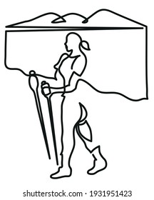 One line drawing of nordic walking.
One continuous line drawing of middle-aged woman training on beach.

