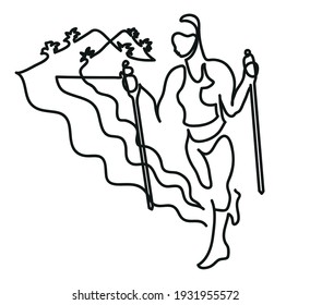 One line drawing of nordic walking.
One continuous line drawing of middle-aged woman training on beach.
