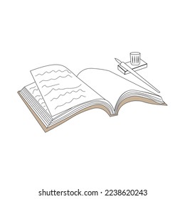 Dibujo de una línea de bloc de notas, tinta y pluma precoz en el escritorio.Cuaderno de dibujo abierto. Aislar sobre fondo blanco. Ilustración del vector